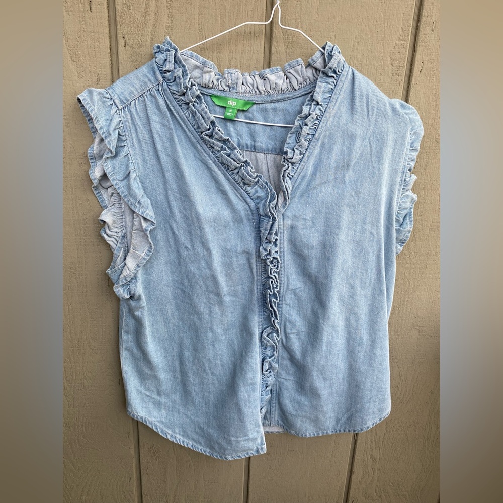 Dip Denim Button Down Top with Ruffle Details